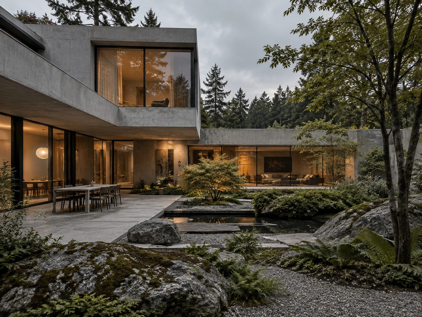 Moderne Villa mit grossen Glasflächen in einer Waldlandschaft